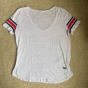 White Tshirt Blue and Red Striped Sleeves